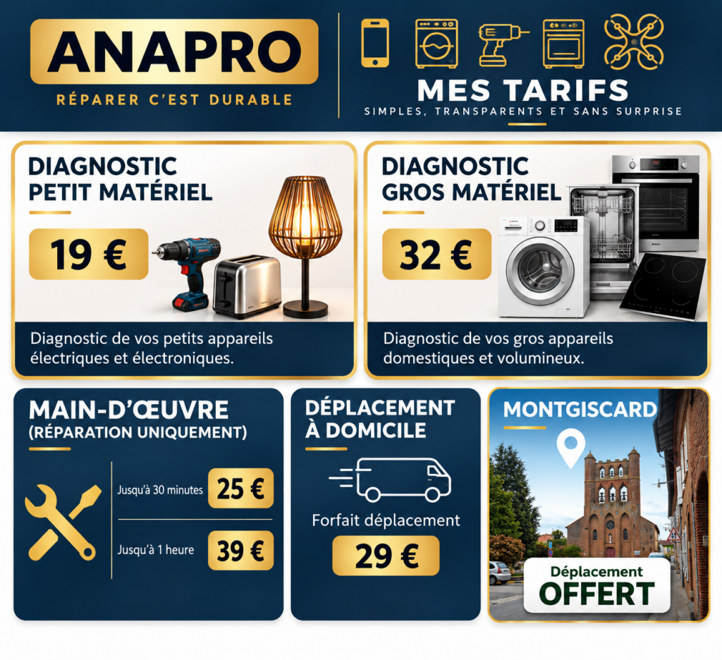 Tarifs ANAPRO : diagnostic petit matériel à 19 €, gros matériel à 32 € ; main-d’œuvre à 25 € jusqu’à 30 minutes et 39 € jusqu’à une heure ; déplacement à 29 €, offert à Montgiscard.